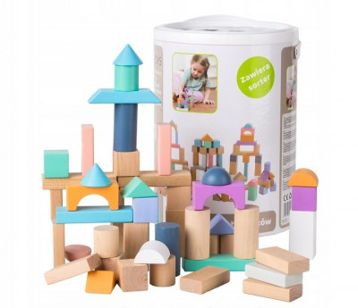 Set 100 Jucarii din Lemn EcoToys, Diverse Forme Geometrice, cu Galeata si Capac Sortator, Multicolor foto