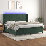 vidaXL Pat cu arcuri, saltea și LED, verde &icirc;nchis, 200x200 cm, catifea