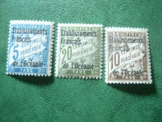 3 Timbre Oceania Franceza 1926 , supratipar pe timbre Porto Franta ,sarniera foto