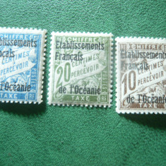 3 Timbre Oceania Franceza 1926 , supratipar pe timbre Porto Franta ,sarniera