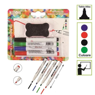 Set 4 markere si burete pentru tabla magnetica, 13 cm, uscare rapida foto