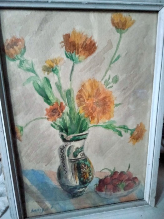 Ulcior canceu cu flori, Acuarela veche, 30 x 20 cm semnata