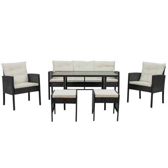 Set mobilier gradina/terasa, negru si bej, ratan sintetic, 1 masa, 2 scaune, 1 canapea, 2 tabureti, Vaduz GartenVIP DiyLine