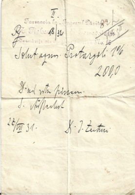 A3763N Rețetă magistrală cu antet Farmacia La &amp;icirc;ngerul păzitor, 1931, Cernăuți foto