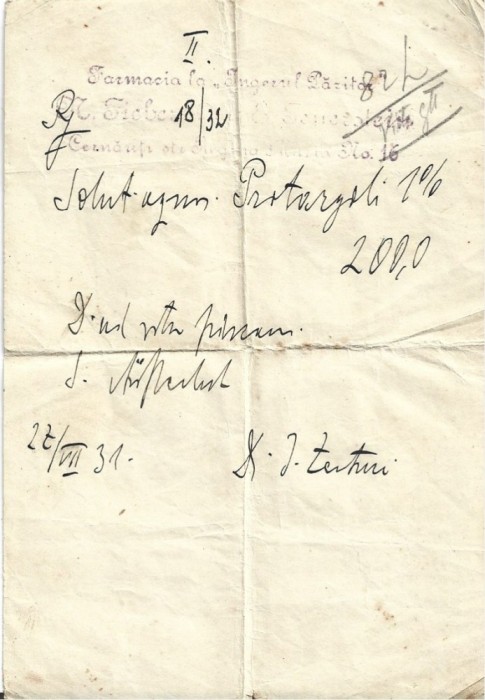 A3763N Rețetă magistrală cu antet Farmacia La &icirc;ngerul păzitor, 1931, Cernăuți