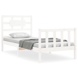 Cadru de pat cu tablie single, alb, lemn masiv