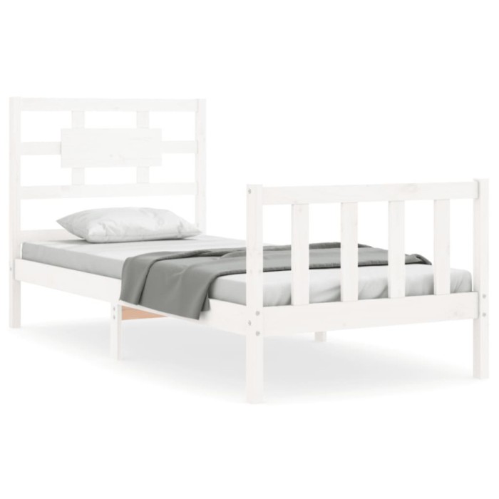 Cadru de pat cu tablie single, alb, lemn masiv