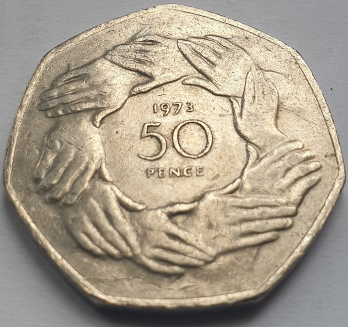 50 pence 1973 Marea Britanie , Entry in European Economic Community, km#918