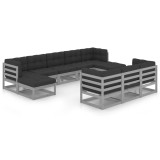 Cumpara ieftin Set sezlonguri gradina cu perne, 10 piese, gri, lemn masiv pin