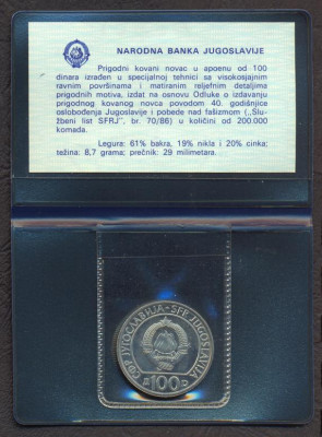 IUGOSLAVIA █ COMEMORATIV MONEDE IN FOLDER █ 100 Dinara █ 1985 █ KM-115 █ UNC foto