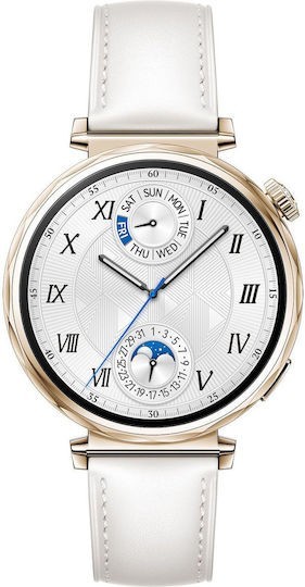 Smartwatch Huawei Watch GT 5 Jana-B19L, corp din inox auriu pal și curea alba din piele compozită, Blister 55020DJT