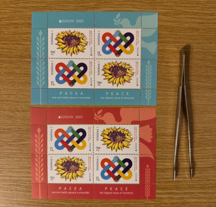 Europa 2023 Pacea, Cea mai inalta valoare a umanitatii, bloc de 4 timbre Tip I LP 2416a si Tip II LP 2416b