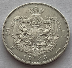 5 Lei 1883 Argint, Romania XF, varianta Kullrich pe 6,5 mm foto