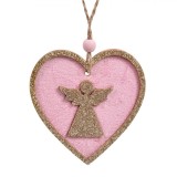 Ornament Brad Crăciun, Inimă Lemn, Roz, Glitter Bej șampanie, 8cm, Oem
