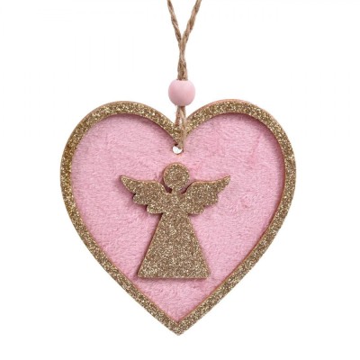 Ornament Brad Crăciun, Inimă Lemn, Roz, Glitter Bej șampanie, 8cm foto