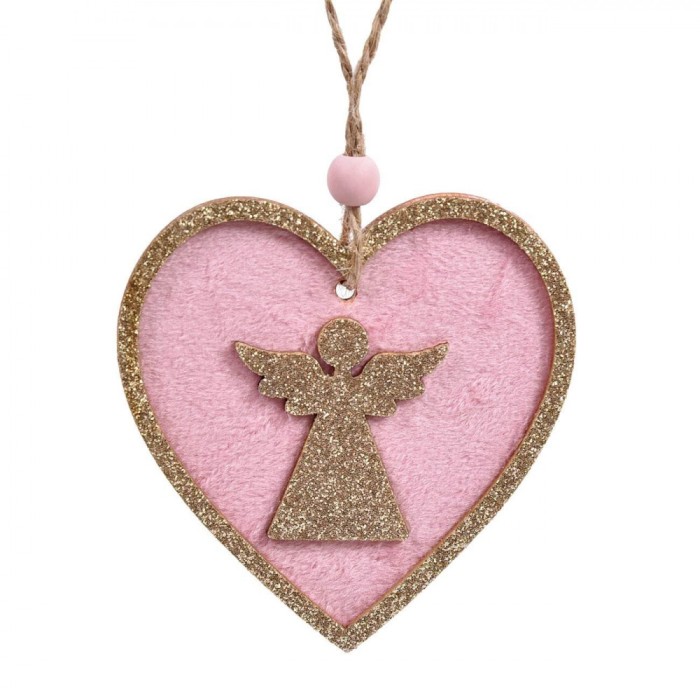 Ornament Brad Crăciun, Inimă Lemn, Roz, Glitter Bej șampanie, 8cm