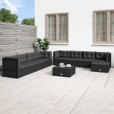 Set mobilier de grădină cu perne, 9 piese, negru, poliratan