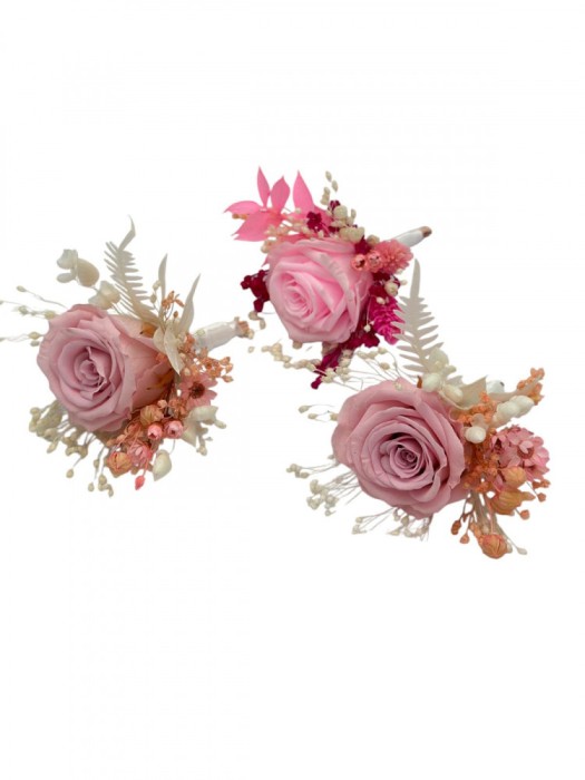 Set 3 Flori de piept personalizabile, Cocarde, Mini roze criogenate si Plante naturale uscate