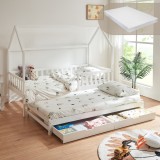 Pat copii dublu tip casuta cu saltea 90x200, sertare si pat extensibil, alb