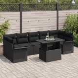 Set de canapea de gradina cu 8 piese si perne negru ratan poli, canapea de gradina de 2 locuri cu spatiu de stocare &amp; perne negru ratan poli