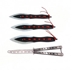 Set Briceag fluture de antrenament si trei cutite de aruncat, Anarchy Blades, IdeallStore&reg;, otel inoxidabil