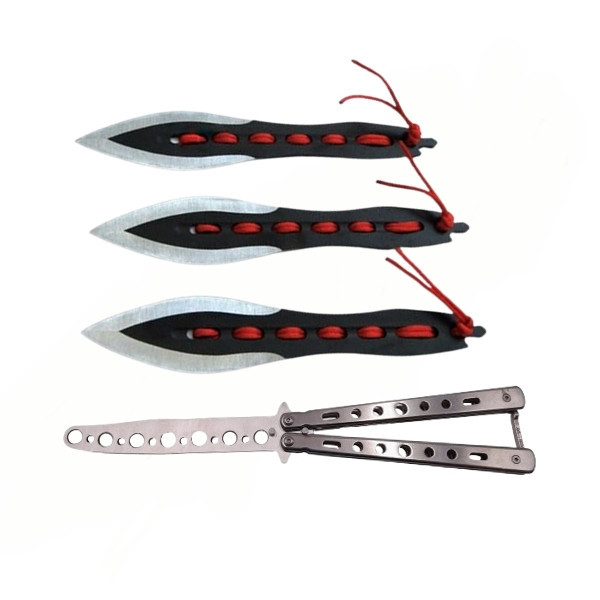 Set Briceag fluture de antrenament si trei cutite de aruncat, Anarchy Blades, IdeallStore&reg;, otel inoxidabil