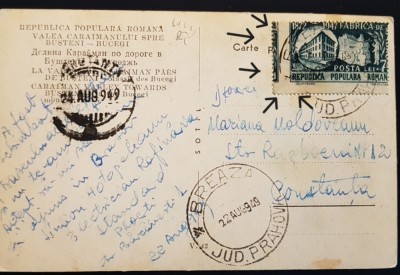 RARĂ Carte Poștală Veche 1949 Cu Eroare de Timbru &amp;ndash; Valea Caraimanului Bușteni-Bucegi foto
