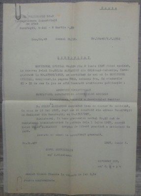 Certificat eliberat lui Alexandru Culev pentru libera practica a medicinei/ 1927 foto