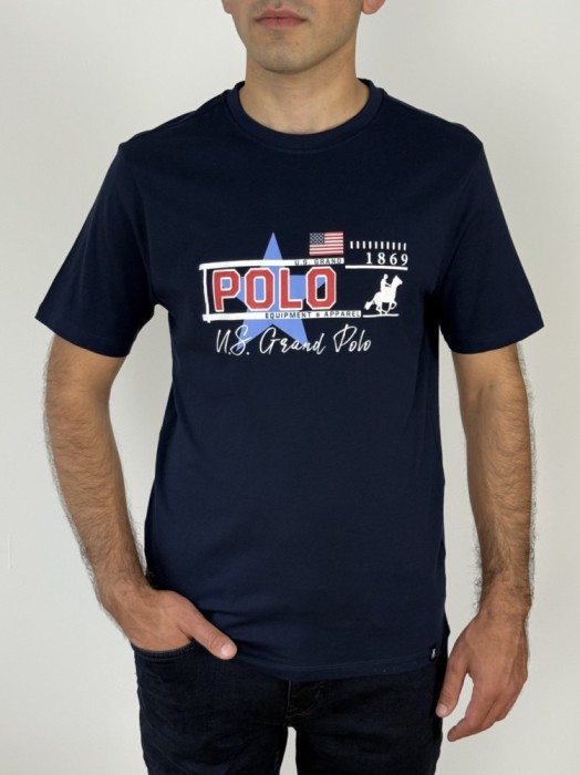 U.S. Grand POLO Tricou barbati cu imprimeu text si logo, Regular fit, Bleumarin inchis, M