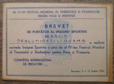 Brevet de purtator al insignei sportive de argint/ 1953 foto