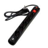 Prelungitor Spacer cu 5 prize Schuko, 2 USB QC, 1.8 m, 16A, negru