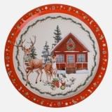 Tava decorativă Crăciun metalică model casă reni ecru margine roșie CMCLASS