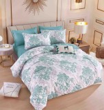 Cumpara ieftin Lenjerie pat dublu,bumbac finet,6 piese cu elastic,alba cu verde,motiv floral-A754, Jojo Home