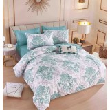 Lenjerie pat dublu,bumbac finet,6 piese cu elastic,alba cu verde,motiv floral-A754