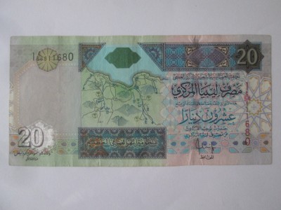 Rară! Libia 20 Dinars 1999(2002) aUNC,cei mai mari dictatori africani din sec.xx foto