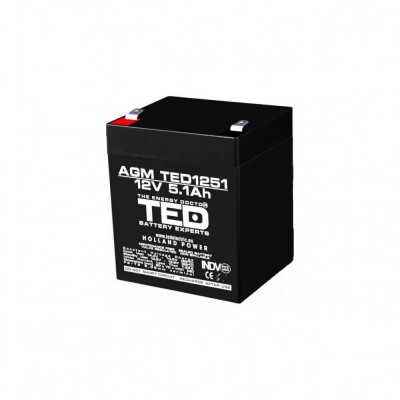 Acumulator AGM VRLA 12V 5,1A dimensiuni 90mm x 70mm x h 98mm F2 TED Battery Expert Holland TED003157 (10) foto