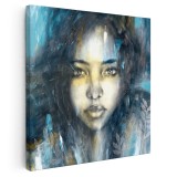 Tablou modern pictura portret femeie, albastru, negru 1376 Tablou canvas pe panza CU RAMA 100x100 cm