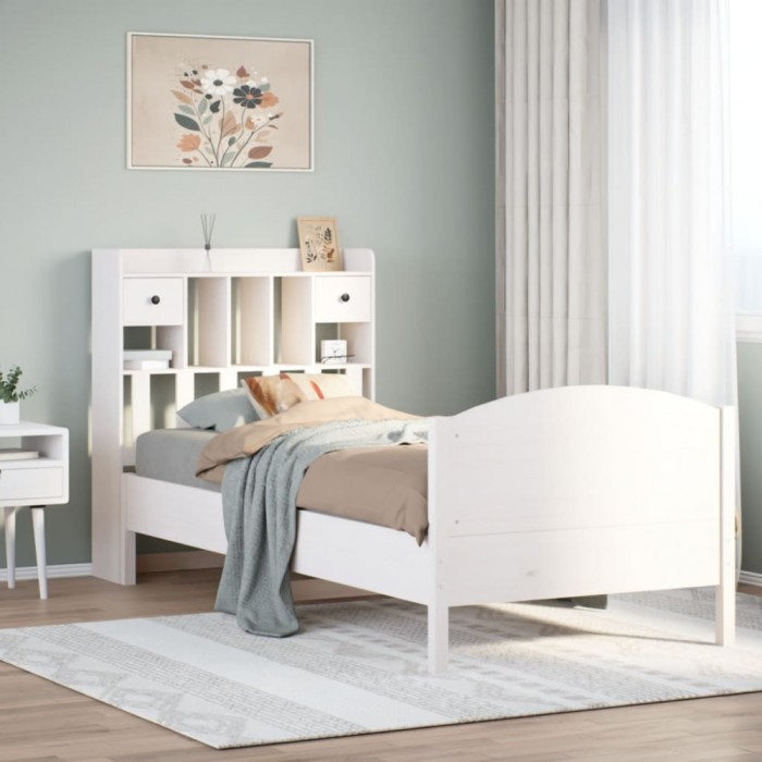 vidaXL Pat cu bibliotecă fără saltea, alb, 90x200 cm, lemn masiv pin 3323162