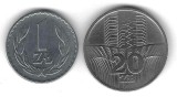 POLONIA LOT / SET: 2 buc , 1 + 20 ZLOTI 1973 , XF
