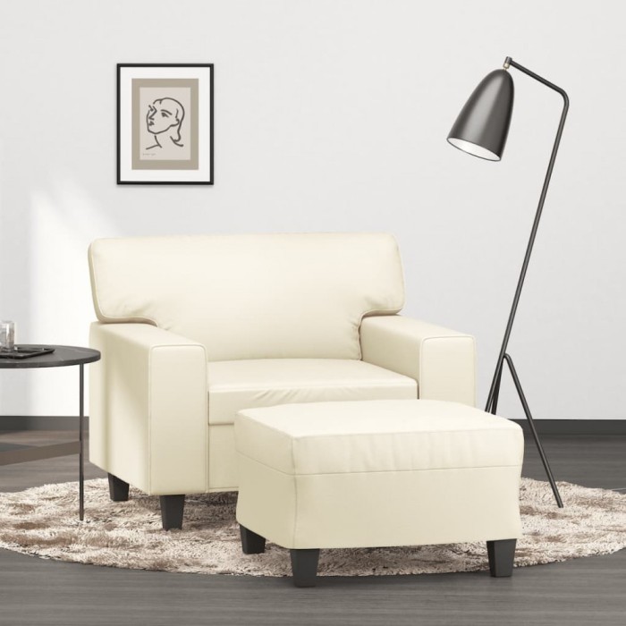 vidaXL Fotoliu canapea cu taburet, crem, 60 cm, piele ecologică