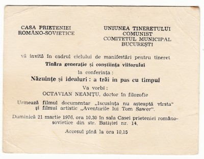 QW13 9 - 1976 - Invitatie Casa prieteniei romano sovietice - UTC - 21 martie foto
