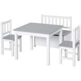 HOMCOM Set Mobilier pentru Copii 4 Piese, Masă, 2 Scaune, Bancă Depozitare, Lemn Multifuncțional, Alb și Gri | Aosom Romania