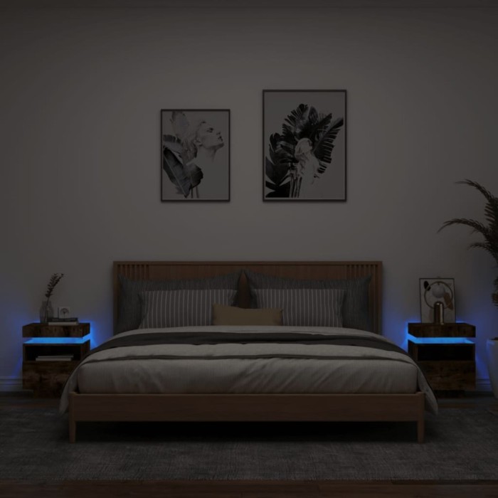 Gossi noptiere cu lumini led, 2 buc., stejar fumuriu, 40x39x48,5 cm