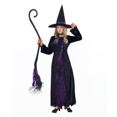 Costum Deghizare Halloween, Vrajitoare, Rochie Lunga cu Palarie, Fete, Negru si Mov, Poliester