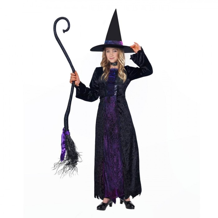Costum Deghizare Halloween, Vrajitoare, Rochie Lunga cu Palarie, Fete, Negru si Mov, Poliester