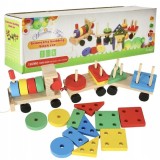 Cumpara ieftin Trenulet de jucarie din lemn, 30 cm, multicolor , cu forme geometrice, puzzle arcade, locomotiva + 2 vagoane, blocuri detasabile, pentru copii 3+