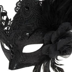 Mască de Carnaval Neagră Fancy pentru Femei &ndash; Cu Dantelă, Glitter și Pene