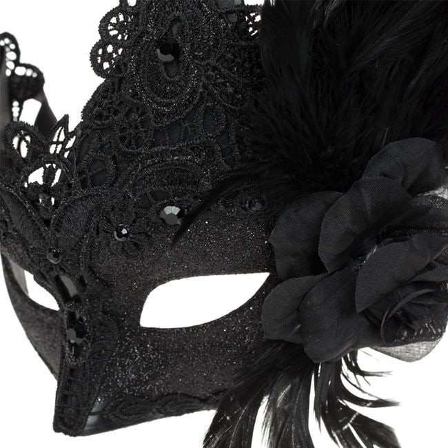 Mască de Carnaval Neagră Fancy pentru Femei &ndash; Cu Dantelă, Glitter și Pene