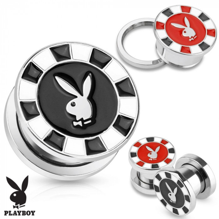 Tunel plug pentru ureche realizat din oţel 316L, culoare argintie, iepuraş Playboy - Lățime: 19 mm, Culoare Piercing: Negru - K