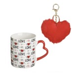 Cana Ceramica Alba "Love" cu Toarta Inima si Breloc Inima Rosie din Blana Artificiala, 350ml